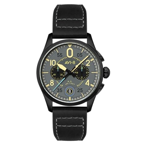 Image of AVI-8 Mens 42mm Spitfire Lock Chronograph Japanese Quartz Pilot Watch with Leather Strap AV-4089, Heavy Grey, Lock Chronograph