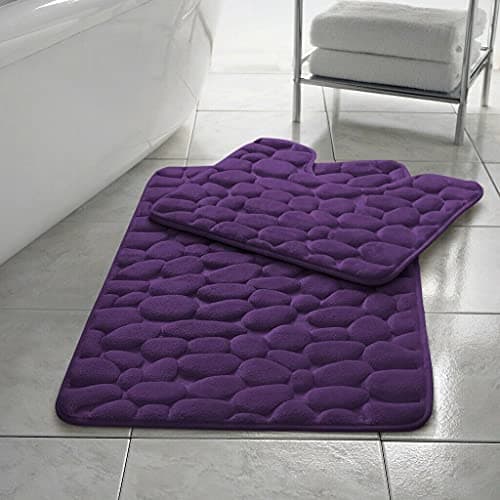 Image of EXQUIZIT HOME® Luxury Memory Foam Bath Mat Set 2 Piece – Non Slip Pebble Bathroom Rug & Pedestal Mat, Quick Dry Ultra Absorbent Soft Cushioned Mats 100% Polyester (Plum)