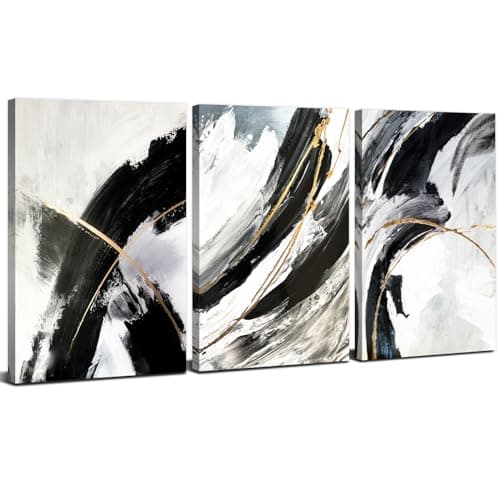 Image of 3 Pieces Black and White Wall Art Canvas Prints Abstract Pictures for Living Room Bedroom Decor Marble Textured Neutral Posters Watercolor Fluid Ink Wall Paintings Artwork Hallway Decorations 12x16"