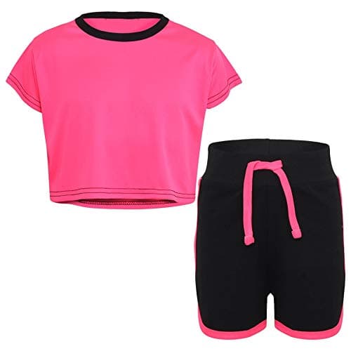 Image of A2Z 4 Kids Girls Crop Top Shorts Set Contrast Colour Short Sleeves T Shirt Summer Outfit 2 Piece - Crop Shorts 531 Neon Pink 7-8