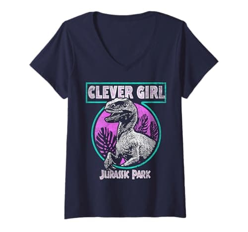 Image of Womens Jurassic Park Distressed Teal Raptor Clever Girl V-Neck T-Shirt