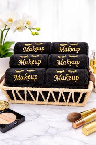 Image of URBLUX Microfiber Makeup Remover Washcloths Set of 6 - Soft, Reusable Face Towels for Makeup Removal Eco-Friendly Embroidered Cleaning Cloths - Multipurpose Make Up Eraser – (Black/Gold Silk)