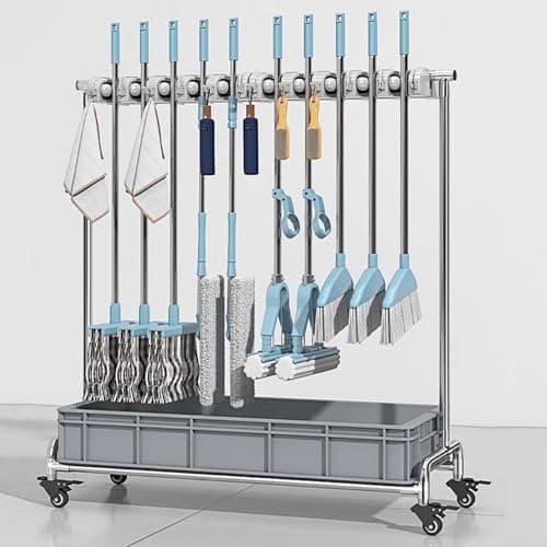 Image of YNIYUJKL Stainless Steel Mop Holder Heavy-Duty Commercial Mop Support For Tool Carts Garden Tool Storage Rack Cleaning Equipment.,65 * 42 * 110cm 5 hanging 6 hook