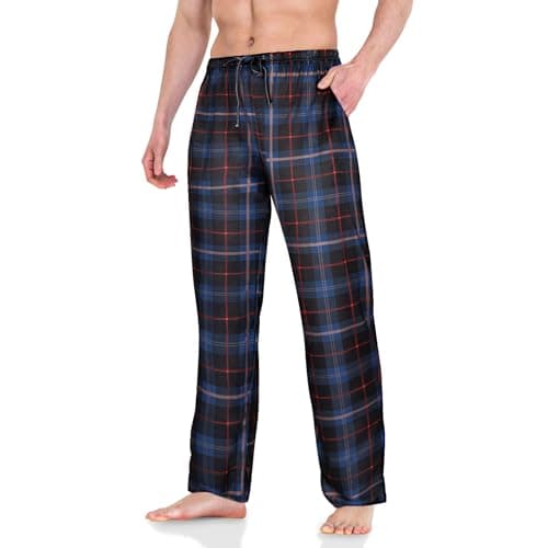 Image of AUYAO Men's Blue Plaid Pyjama Bottoms Soft Blue Checked Lounge Pants with Pockets Adjustable Pyjamas Lounge Pants Cotton Soft PJ Sleepwear Nightwear Relaxed Fit