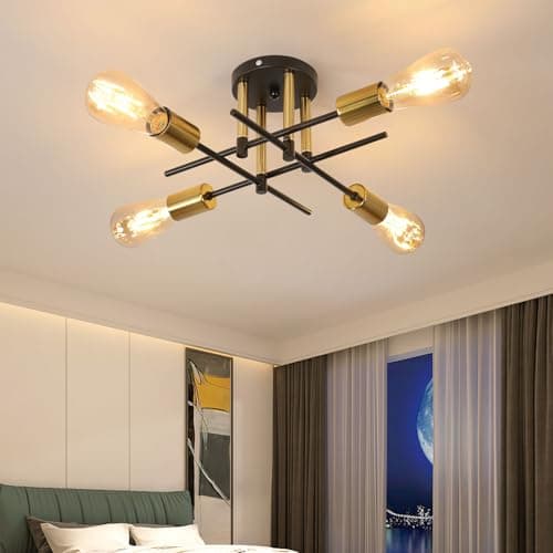 Image of Dorlink Chandelier Light, 4 Lights Industrial Ceiling Light Black Gold, E27 Chandelier Lighting Vintage Semi Flush Mount for Living Room Bedroom Kitchen Dining Room Hallway Ø41CM (No Bulbs)
