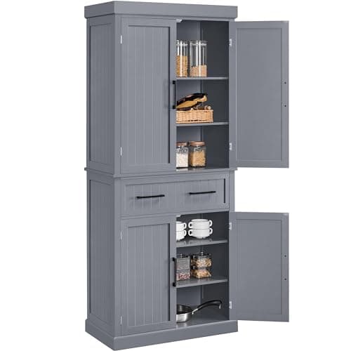Image of Yaheetech Tall Kitchen Pantry Cupboard, 183.5cm Freestanding Storage Cabinet with Drawer, 4 Doors, 2 Adjustable Shelves for Home Dining Living Room, Dark Grey