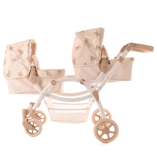 Image of Roma Twin Dolls Pram - Realistic Double Dolls Pushchair for Ages 3-16, Adjustable Handle, 16 Combinations, Ideal Toy Pram for Reborn Dolls, Includes Bag & Basket (Teddy)