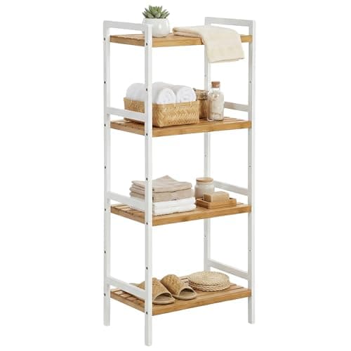 Image of SONGMICS 4-Tier Bamboo Storage Rack for Bathroom, Kitchen, Bedroom, 45 x 31.5 x 111 cm, Natural and White BCB74WN