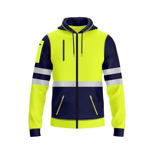 Image of NOROZE Mens Hi Vis Hoodie with Reflective Tape, High Visibility Full Zip Hoodie for Safety Workwear, Zipped Pockets High Vis Hoodie, Durable Work Hoodies for Men (XL, Style 1: Neon Green/Navy)
