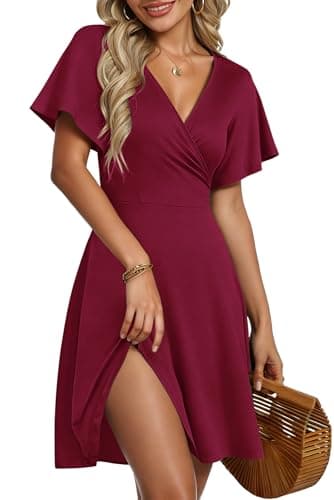 Image of AUSELILY Summer Dress for Women - Lady Wrap Ruffle Short Sleeve V Neck Floral Beach Cross Front Dress Wine Red M
