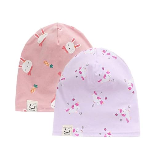 Image of FUYAO Baby Beanie Hat 2 Pack Toddler Kids Soft Cotton Skull Cap Little Boys Girls Warm Hats for Spring Autumn (UK, Age, 1 Year, 6 Years, Unicorn Purple + Bunny Pink)