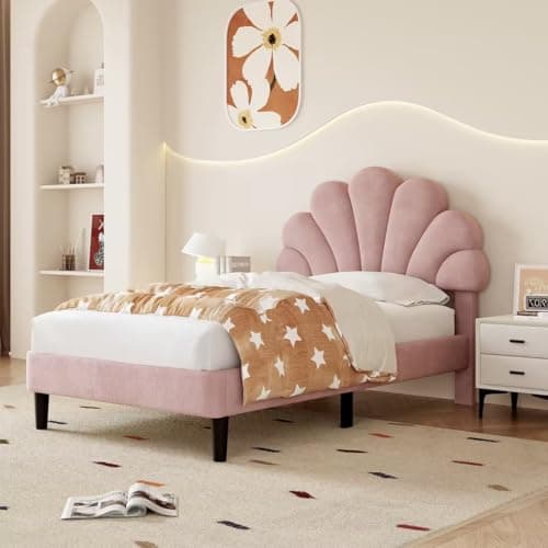 Image of BTM Single Bed, 3FT-90x190cm Upholstered Single Bed Frame, Petal-like Velvet Bed with Height-adjustable Headboard & Solid Wood Slat, Pink Single Bed Frame(No Mattress)