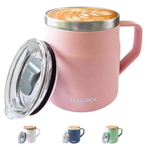 Image of SiHuiTu Ins Style Coffee Cup, Insulated Stainless Steel Desk Cup, Coffee Mug with Lid & Handle – Reusable Office Mug for Hot & Cold Drinks, Modern Design, 450ml (Pink)