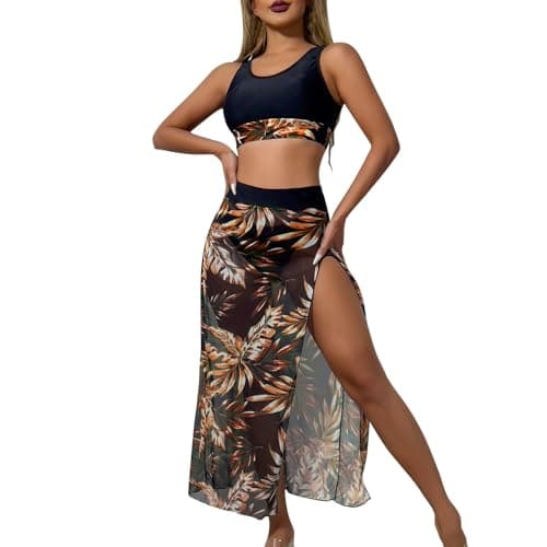 Image of Mobeur 3 Piece Swimsuit for Women Vintage Floral Bikini Sets with Chiffon Long Split Skirt, Bikini Tops& Bottoms Boho Beach Summer Swim Suits Bathing Suits Fashion Swimwear, S-XL