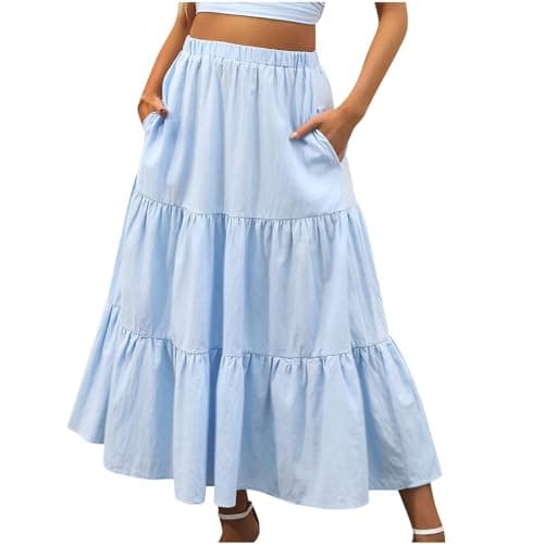 Image of KUIH Long Skirts for Women UK Chiffon Summer Maxi Skirt Elasticated Waist Ladies Tiered A Line Skirts for Beach, Party, Holiday Light Blue