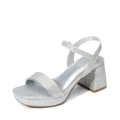 Image of DREAM PAIRS Girls Sandals Open Toe Low Block Chunky Heels Sandals Party Dress Pumps Shoes for Little Big Kid,Size 5 Big Kid,Silver-Glitter,SDHS25033K-V1