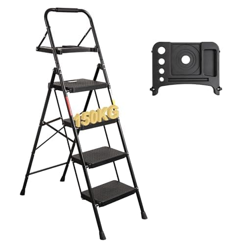 Image of BONTEC 4 Step Ladder Folding, Heavy Duty Foldable Step Stool with Wide Anti-Slip Pedals, Sponge Handrail and Tool Tray, Portable Household Ladder 150kg Capacity, Compact Collapsible Indoor Ladder