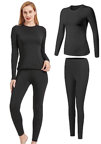 Image of UNIQUEBELLA Womens Thermal Underwear Set,Crew Neck Long Sleeved Base Layer Top & Leggings Multifunctional Home Thermal Base Layers for Sports Skiing Black