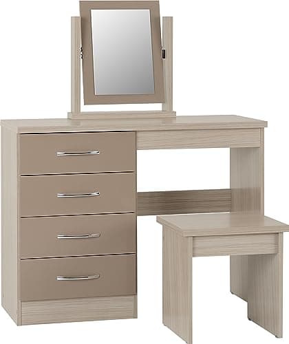 Image of Seconique Nevada Dressing Table Set in Oyster Gloss/Light Oak Effect Veneer