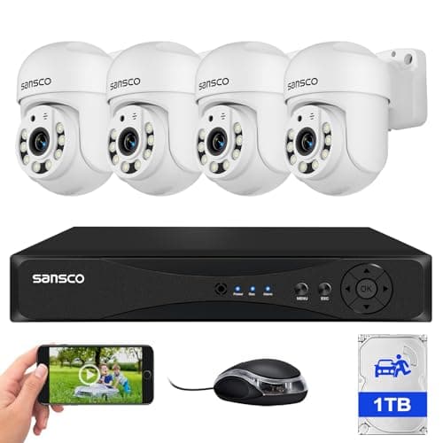 Image of SANSCO Audio Recording, 3K Wired CCTV Camera System Outdoor, 8 Channel DVR 1TB Hard Drive, 4 x 5MP Home PT 360° View Rotating Security Camera, Night Vision, Human/Vehicle Detection, Email/App Alert