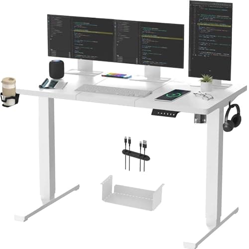 Image of SANODESK QS1+140 * 60 Electric Standing Desk Height Adjustable Standing Desk With Memory Smart Panel Sit Stand Table With Hooks and Cupholder for Home Office (White Frame+ White Desktop)