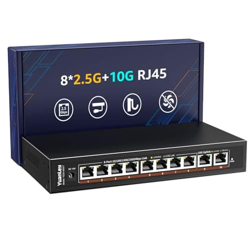 Image of 10 Port 10G Ethernet Switch Unmanaged, 8 x 2.5G Base-T Ports, 2 x 10Gb RJ45 Ports, Compatible with 100/1000/2500Mbps, Metal Fanless, YuanLey 2.5Gbe Network Switch for 2.5G/10G NAS, Wireless AP