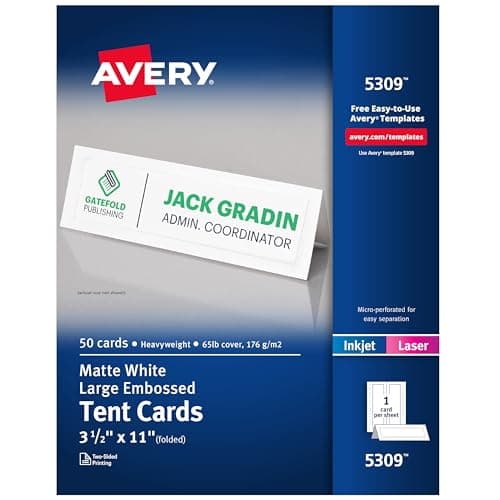 Image of Avery Printable Tent Cards, 3.5" x 11", White with Embossed Border, 50 Blank Place Cards for Laser and Inkjet Printers (5309)