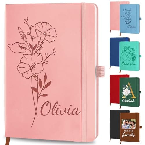 Image of SIMIEEK Personalised Leather Notebook Custom Birth Flower Journal with Engraved Name Text Logo, Customised Birthday Office Business Gifts for Women Men Students Teacher