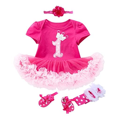 Image of BabyPreg Baby Girls 4PCs Crown Pattern 1st Birthday Tutu Dress Headband Shoes (6-9 Months,Short Hot Pink)