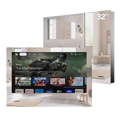 Image of SYLVOX 32 inch Bathroom TV, 12V Smart Magic Mirror TV Compatible with Google TV, Support 1080P Smart Casting 500 nits Brightness, IP65 Waterproof Television for Bathroom Hotel Gym Sauna (Embedded)