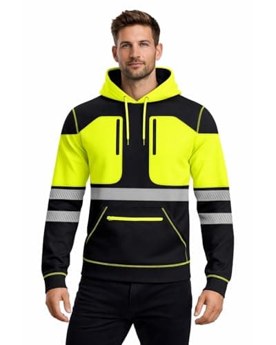 Image of kraftd Mens Hi Vis Hoodie Pullover Sweatshirt Hoody with Pockets High Visibility Work Jacket Safety Workwear Hoodies (Black/Yellow, 2XL)