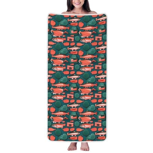 Image of AYYQWE Salmon Pattern Print Coral Velvet Bath Towel For Home Bathroom Spa Beach Travel Holidays Daily Use