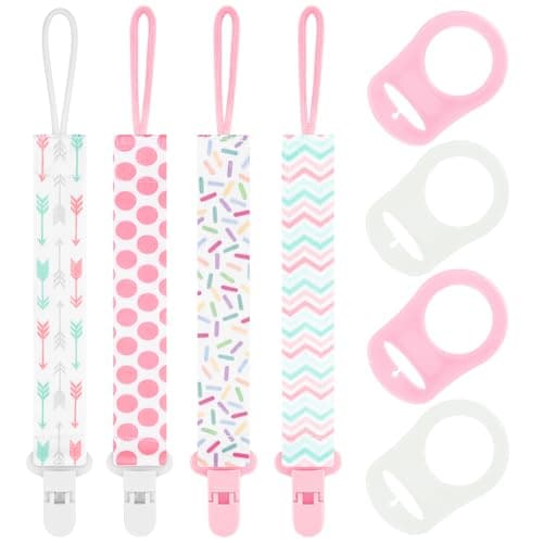 Image of 8PCS Baby Dummy Clip Set with Silicone Adapter Rings, Universal Soother Holder Straps for Girls, Anti-Drop Pacifier Chain, Newborn Essentials for Teething Toys Pram Use