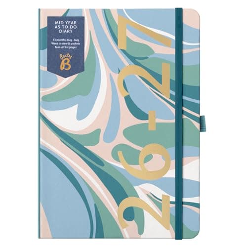 Image of Busy B A5 Diary - Mid-Year Academic Planner - Aug '26 - Aug '27 – Marble Journal Cover - Weekly Planner with To-Do Lists, Notes, Week-to-View, 3 Pockets, Year Planner & Elastic Closure