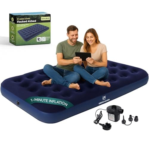 Image of Green Haven Double Airbed with Electric AC Pump – Inflatable Mattress for 2 with Waterproof Flocked Top – Quick Setup Blow Up Bed for Camping & Guest Use – Includes Mains Pump