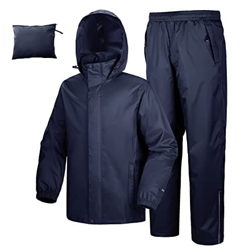 Image of 33,000ft Men's Waterproof Rainsuit Hooded Rain Jacket Rain Trousers Packable Raincoat Sets Windproof 2 Piece Rain Suit with Safety Reflectors for Fishing Hiking Camping Navy Blue L