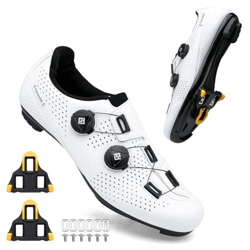 Image of Feyenold Men's Cycling Shoes Women's Cycling Shoes Compatible with SPD-SL Pedal & Compatible Installation SPD/Look KEO Cleats Riding Shoes White 40 EU