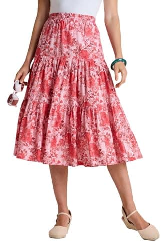 Image of Amber Ladies Tiered Print Cotton Skirt with Elasticated Waist Lightweight Summer Midi Skirt for Women (Sizes 10–20) Rose 14