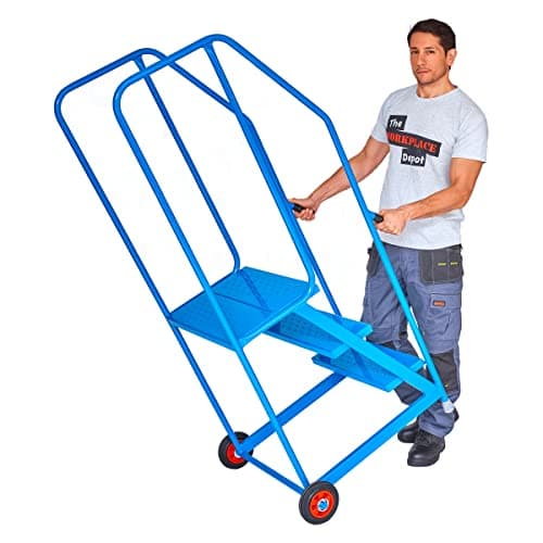 Image of The Workplace Depot Mobile Warehouse Steps on Wheels, Safety Access Ladder With Platform and Handrail (3 Tread) Blue