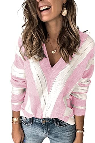 Image of Ancapelion Women's Colour Block Pink Striped Jumper Long Sleeve Chunky Sweater V Neck Hollow Out Knit Pullover Tops Knitwear for Ladies M