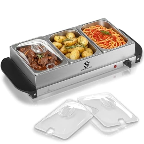Image of SUPERLEX Food Warmer Buffet Server Electric 3 x 1.5L Pans Large Capacity Stainless Steel Buffet Warmer Hot Plate with Removable Lids Adjustable Temperature Control Portable Food Heating Tray Keep Warm