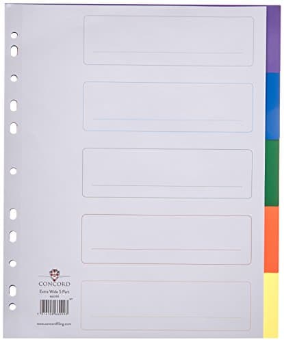Image of Concord Punched Pocket Dividers Plastic Multicolour-tabbed 5-Part Extra Wide A4 White Ref 66099
