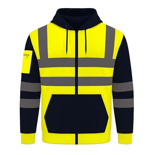 Image of Hi Vis Hoodie Jacket – High Visibility Fleece Zipped Sweatshirt with Hood – Safety Workwear EN ISO 20471 – Orange/Navy, Yellow/Navy, Orange/Black, Yellow/Black – S to 3XL