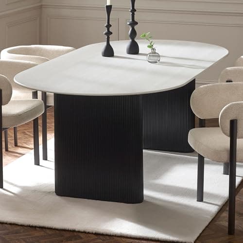 Image of Julian Bowen Bolivia Dining Table - 6 Seater Kitchen Table with White Stone Effect and Black Legs for Dining Room, Oval Dinner Tabletop - W220cm x D110cm