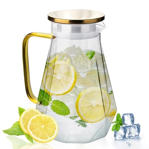 Image of 2L Glass Water Jug with Lid & Handle, Diamond-Textured Water Pitcher with Gold Stainless Steel Lid, Non-Drip Spout, Heat Resistant & Fridge Safe for Juice, Tea, Milk, Hot & Cold Drinks