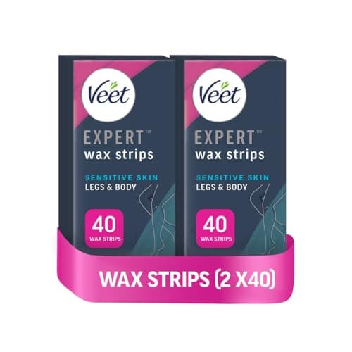 Image of Veet Expert Cold Wax Strips, Hair Removal, Legs & Body, Sensitive Skin, 40 Strips each, 4 Finish Wipes, with Almond Oil, Pack of 2