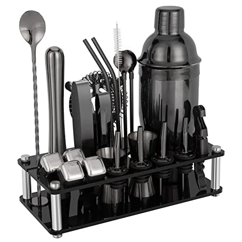 Image of Cocktail Shaker Set, 23 PCS Stainless Steel Bartender Kit with Acrylic Stand & Cocktail Recipes Booklet, Professional Bar Tools for Drink Mixing, Home, Bar, Party (Black, 25oz)