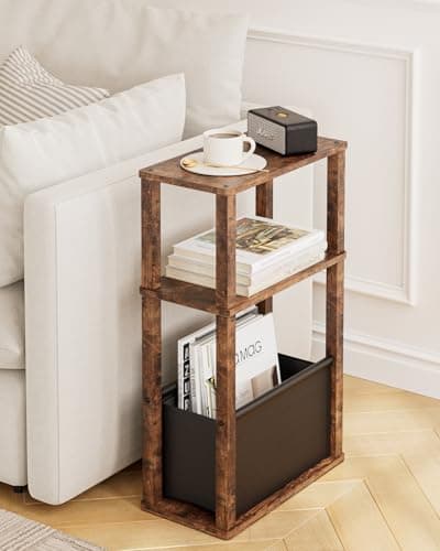 Image of Apetaccat Narrow Side Table with Storage Space, Narrow Side Table with Pocket, 3-Tier Narrow Bedside Table, Small Coffee Table for Small Spaces, Bedroom, Living Room, Office (Rustic Brown)