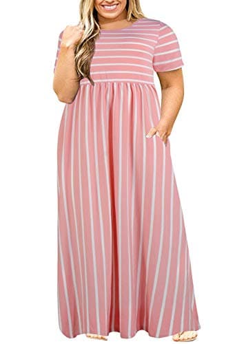 Image of Nemidor Women Short Sleeve Loose Plain Casual Plus Size Long Maxi Dress with Pockets, Pink Stripe, 22 Plus