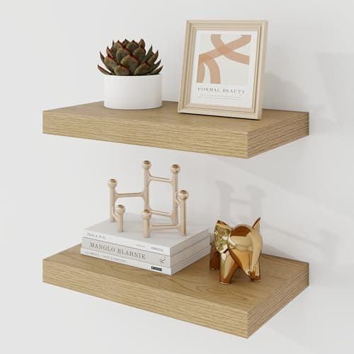 Image of Acovy 40cm Floating Shelves, 23.5cm Deep Floating Shelf Wall Mounted, 40cm Wall Shelves, Rustic Deep Bookshelf, Large Display Shelves & Storage Shelves for Bedroom, Living Room, Oak, Set of 2